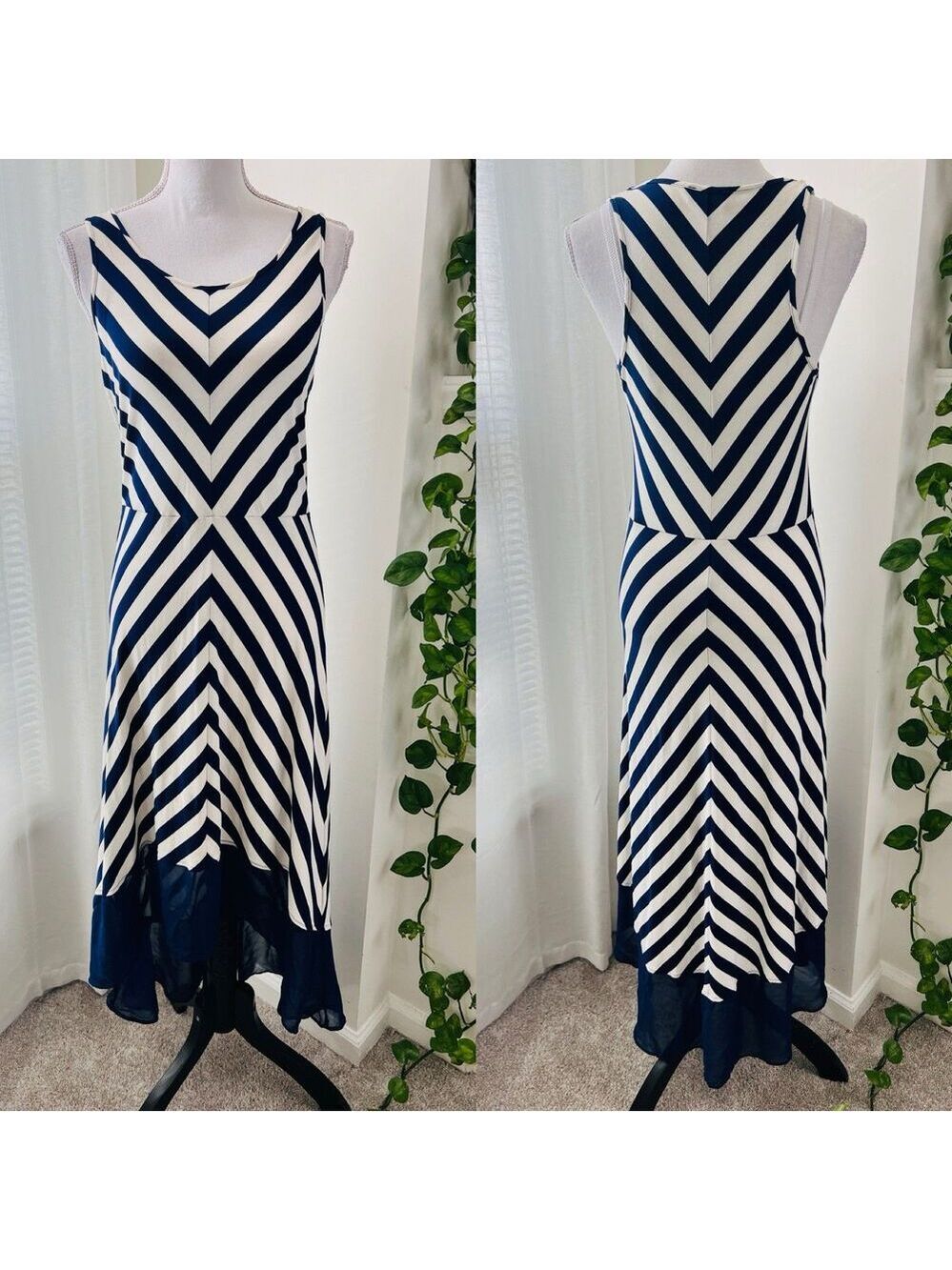 The Limited Navy Blue & White Stretchy Maxi Dress Flowy Chiffon Trim - Size Med
